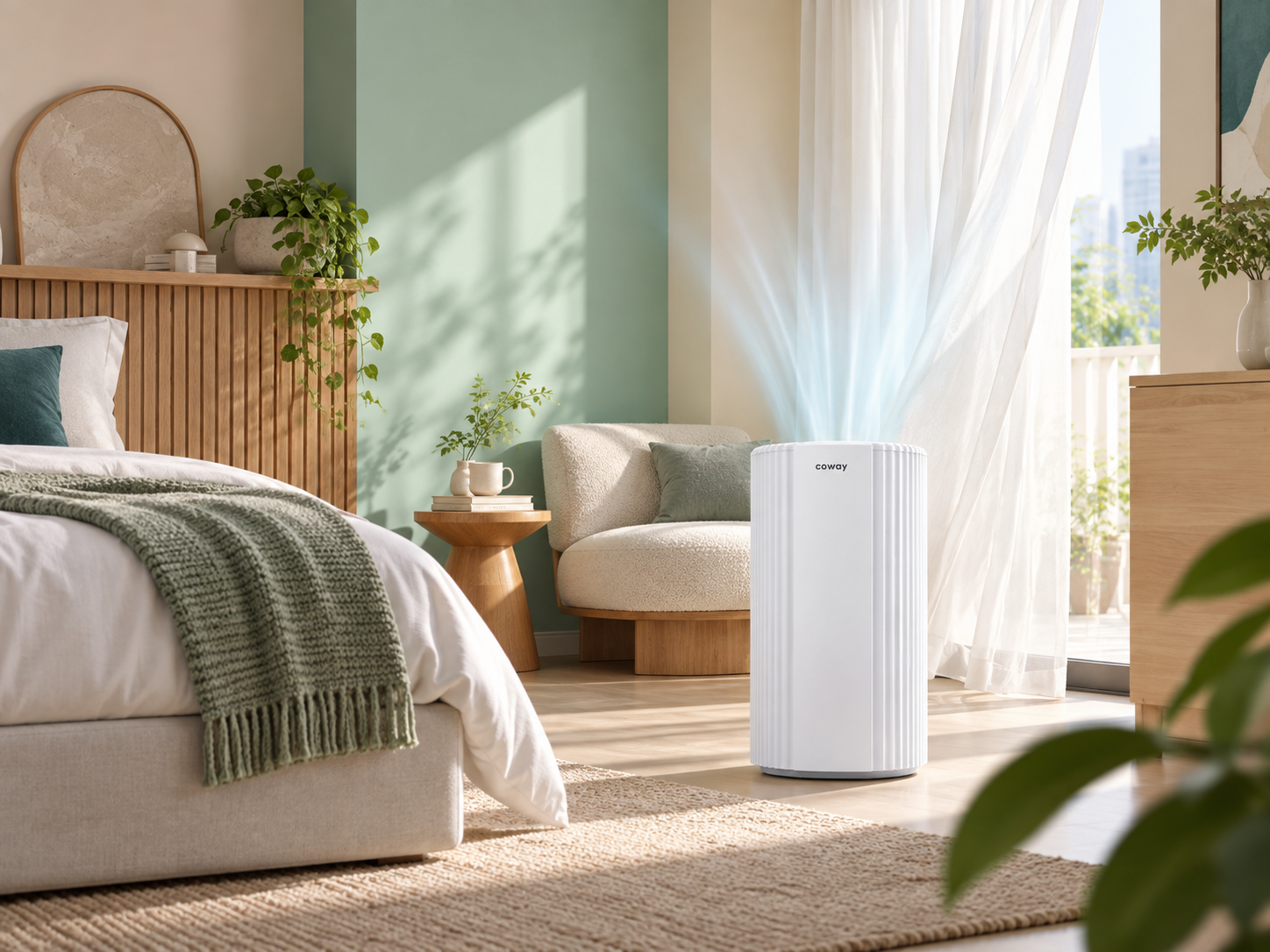 Coway Studio air purifier in a calm bedroom lounge