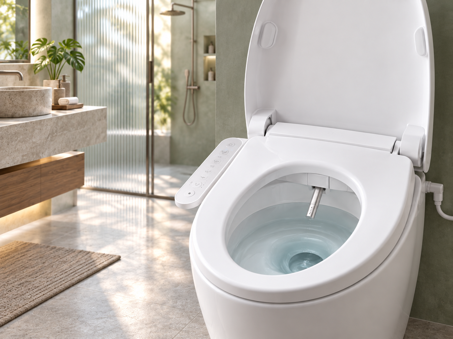 Open Coway electronic bidet with control panel and cleansing nozzle