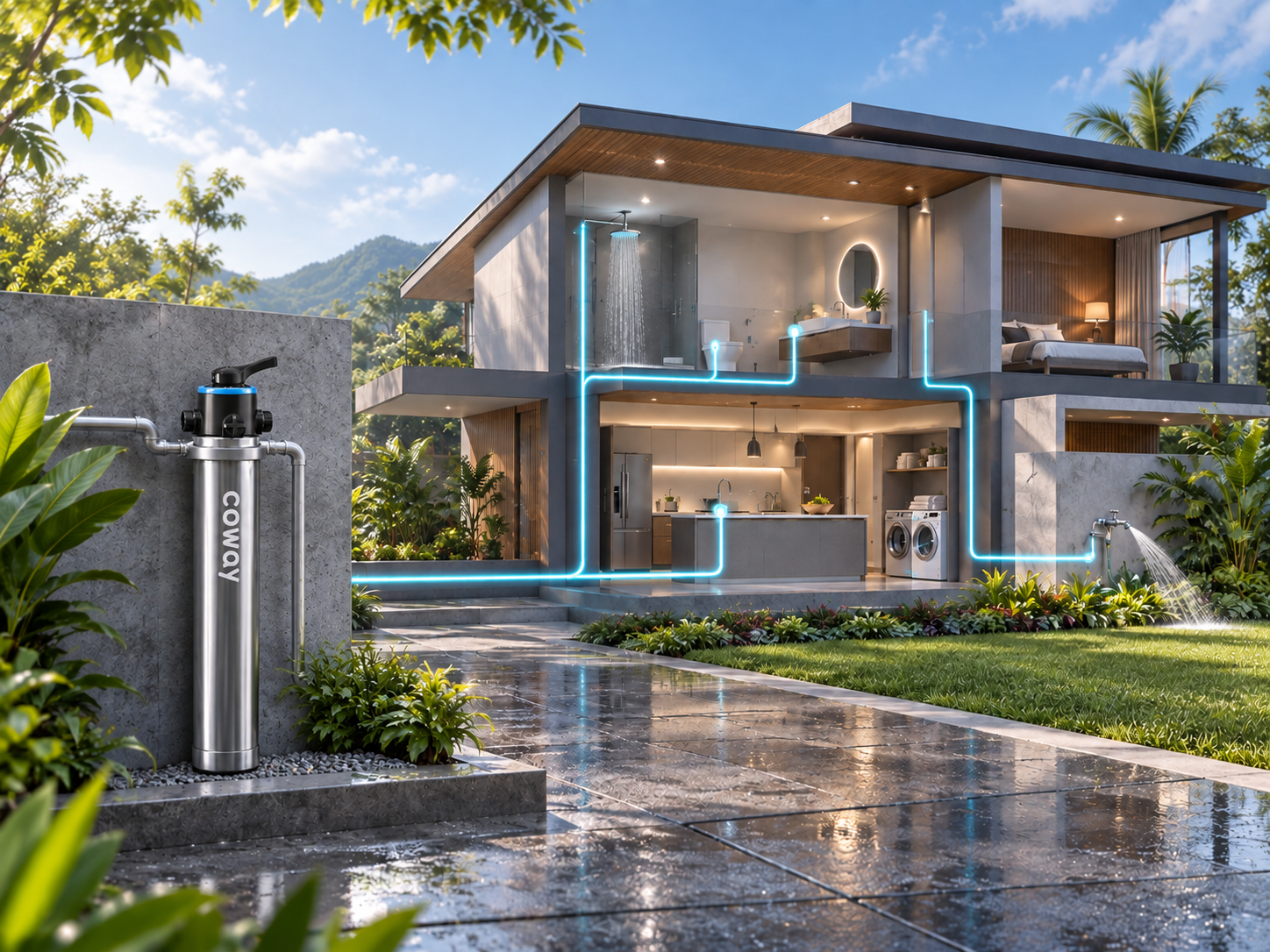 Slim Coway Outdoor Filter installed beside a modern tropical home